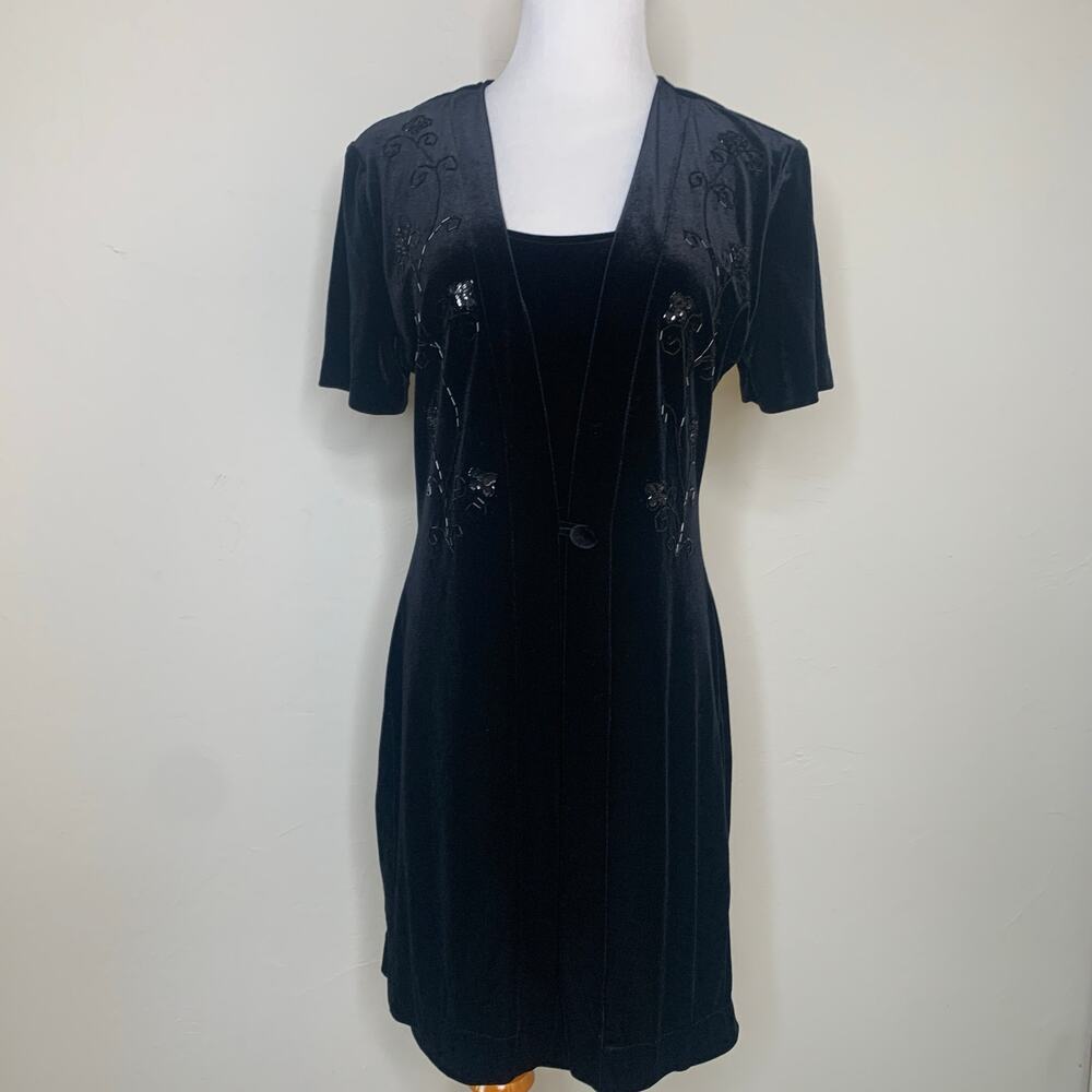 Black Velour Sheath Dress Y2k 90s Beaded Sz 10